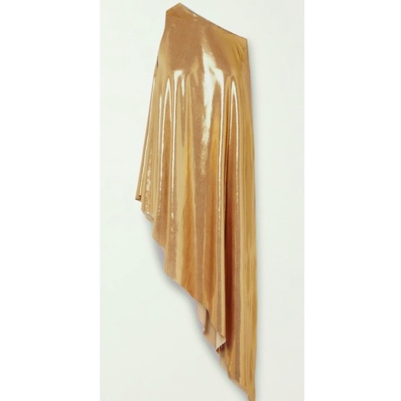 NWOT Norma Kamali XS One-shoulder Asymmetric Stretch-lamé Tunic Gold Dress - Picture 3 of 5